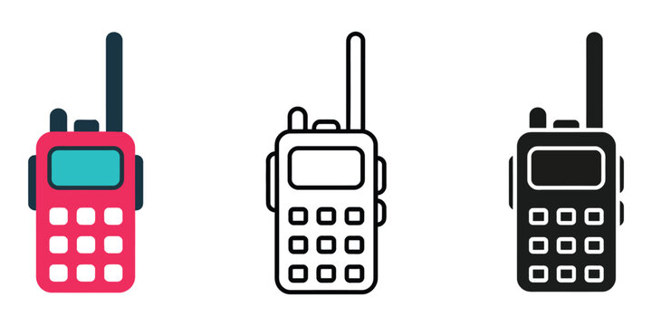 Walkie talkie icon set with flat outlined and glyph styles for communication device, radio transmission and wireless talk
