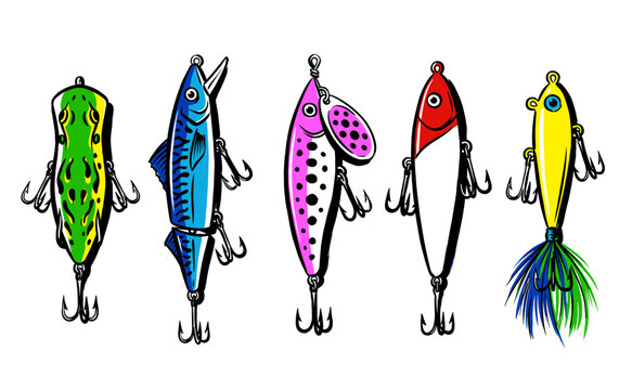 Fishing lures collection. Tackle for outdoor adventure and sport fishing club. Graphic design for t-shirt print, poster, and sticker.