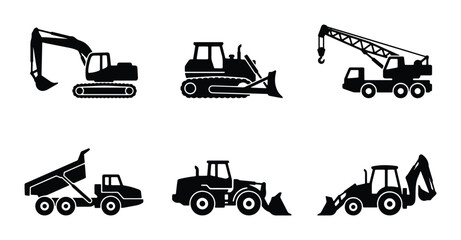 Heavy Construction Equipment Icons, Industrial Machinery Vector Set, Excavator, Bulldozer, Crane, Dump Truck, Loader, Tractor © Nusrat