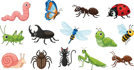 Cartoon insects and bugs vector collection with butterfly ant ladybug beetle dragonfly bee and snail for nature education design © Prodip