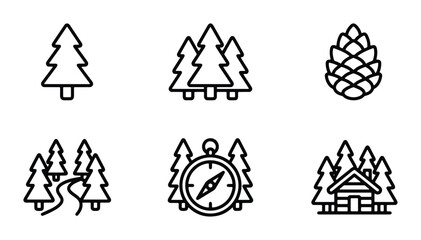 Forest Icons Set, Pine Tree & Cabin Vector Graphics, Nature Landscape Symbols, Outdoor Adventure Elements © Arifur