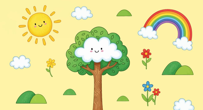 Cute cartoon nature scene with smiling sun tree and rainbow