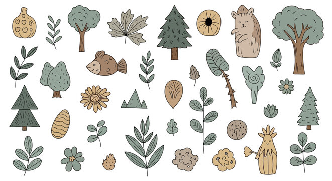 Cute forest nature doodles with trees leaves and animals