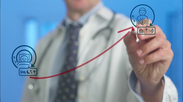 Male doctor in a white coat drawing a diagram on a glass screen explaining the correlation between a healthy sleep cycle and an increase in the body's metabolic rate and energy levels