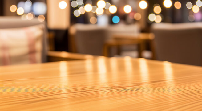 Warm wooden table surface with soft focus background of cozy cafe interior and blurred lights bokeh