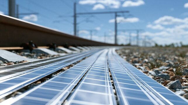 Detailed medium shot capturing reflective heat shields along the track bed with a subtly blurred sparse gravel and overhead lines framing the advanced cooling technology.