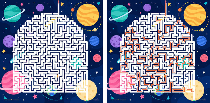 Hard arched dome shaped geometric labyrinth puzzle with solar system planets and outer space background