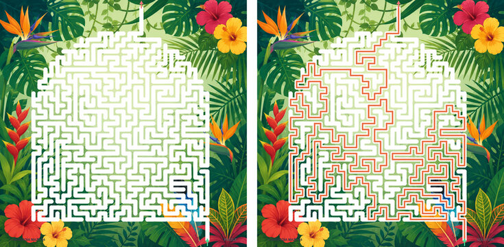Hard arched dome shaped geometric labyrinth puzzle with tropical jungle leaves and hibiscus flowers background