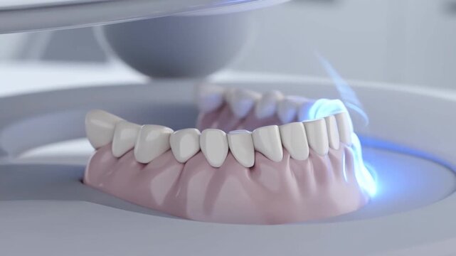 Tracking shot of dental model being scanned with glowing blue light over denture on scanner tabletop in lab