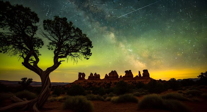 Arches national park nightscape milky way over desert landscape with juniper tree