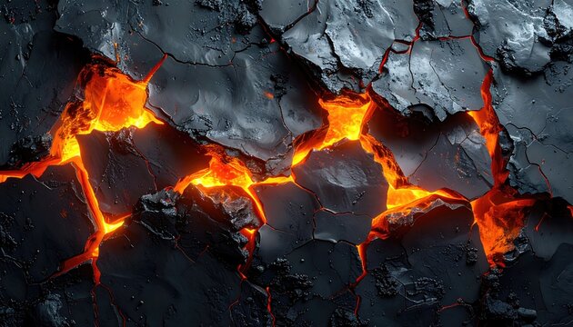 Cracked, dark, volcanic rock with glowing, molten magma seeping through