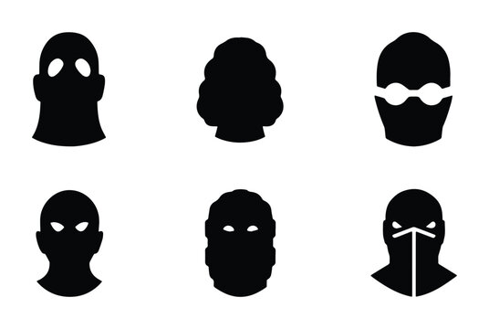 Six Black Silhouette Masks, Balaclava, Ski Mask, Headwear Icons for Security, Disguise, Costume, Vector Graphics