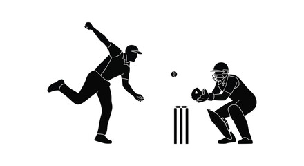 Obraz premium Cricket players in action bowler and batsman silhouette