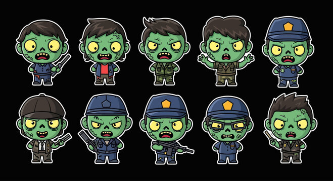 Cute Cartoon Zombies Collection, Horror Characters with Weapons, Vector Art