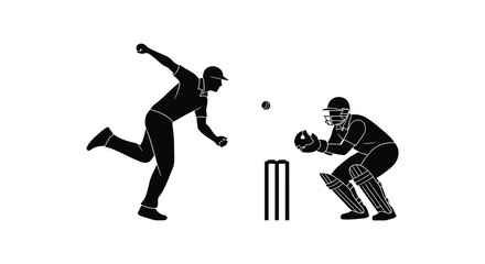 Obraz premium Silhouette of a cricket bowler and batsman in action against a white background silhouette