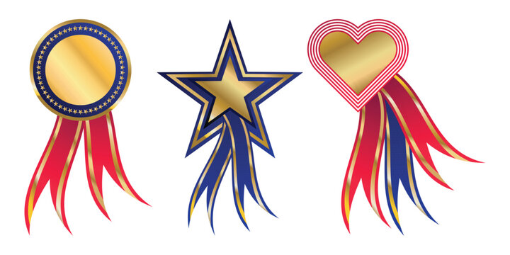 Vector Set illustration of multicolored competition rossette award Different Shiny gold shapes star, circle, heart award winning medals Red blue ribbons rosettes, stickers, buttons Copy space.