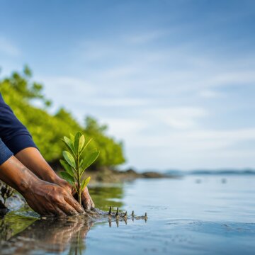Hands planting a mangrove seedling in shallow coastal water for ecosystem restoration and climate resilience