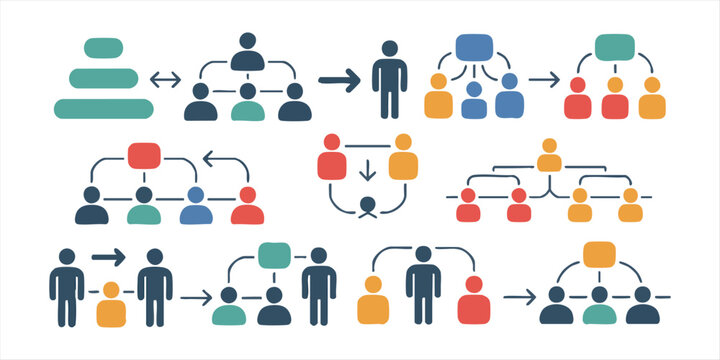 People organization charts and teamwork hierarchy symbols in colorful flat design vector illustration