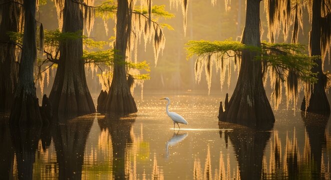 Great egret in louisiana swamp at golden hour