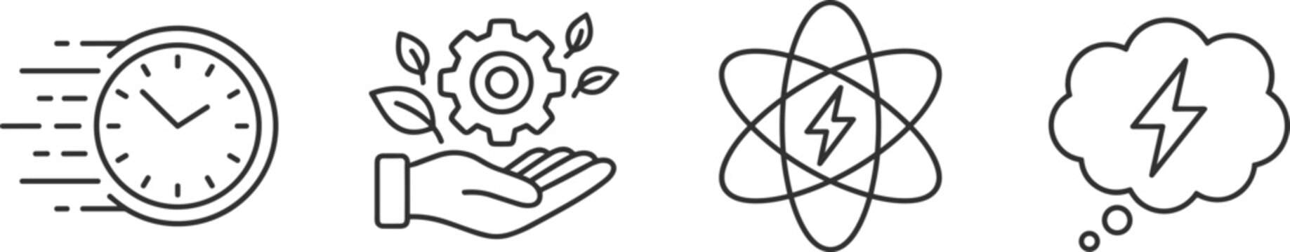 Energy and Power Concepts Illustration with Lightning, Atom, and Cloud Symbols in Line Art Style