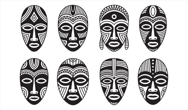 African tribal mask illustration set with ethnic ornamental patterns