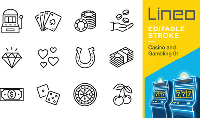 Casino and gambling icons set including chips, cards, roulette, and slot machines in line art style © jannat Stock