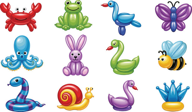 Colorful balloon animal toys vector collection with crab frog butterfly swan bee snail and crown for kids party design