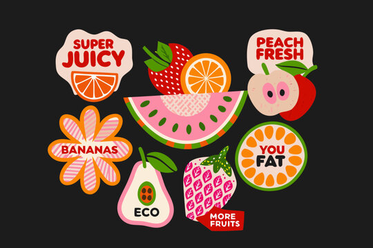 retro fruit sticker set colorful illustration on black background