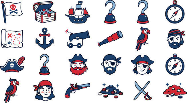 Pirate icons set with nautical symbols and treasure elements