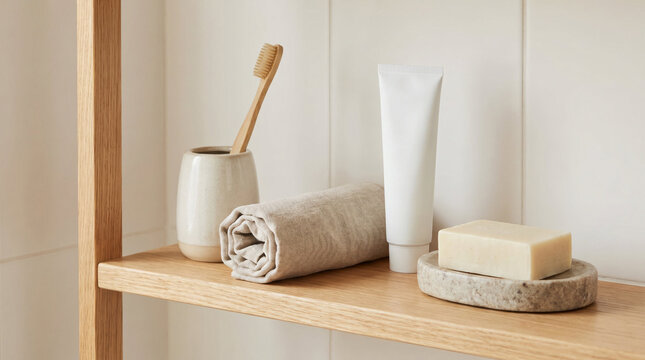 Wooden bamboo toothbrush in ceramic cup with toothpaste tube, soap bar and linen towel on bathroom shelf. Minimalist bathroom interior concept with eco friendly self care accessories.