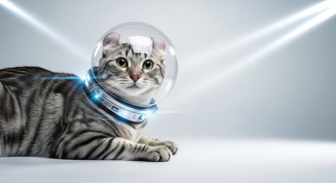 Cool cat in space suit with transparent helmet gazing at the cosmos. Space cat image showcases an adventurous feline exploring unknown worlds with modern technology.