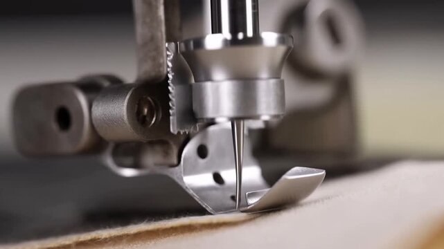 Slow motion static close up of industrial sewing machine needle piercing fabric and presser foot lowering on workshop table