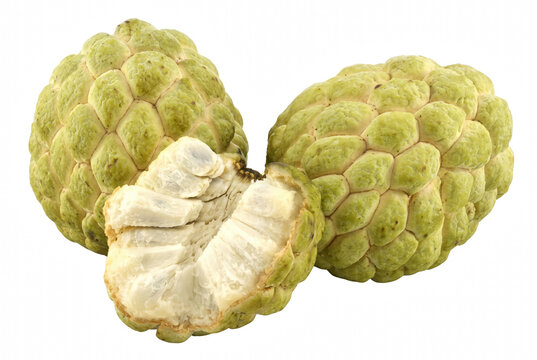 Three Ripe Sugar Apples Including One Opened Section Showcasing White Pulp
