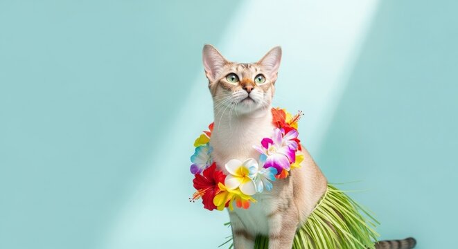 Playful cat in flower garland with green grass skirt posing under soft light. This playful cat enjoys its colorful adornment, creating a cheerful atmosphere for fun pet photography.