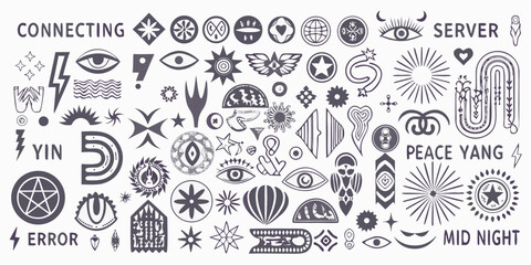 collection of y2k style tribal sigil icons and symbols black and white © Liton