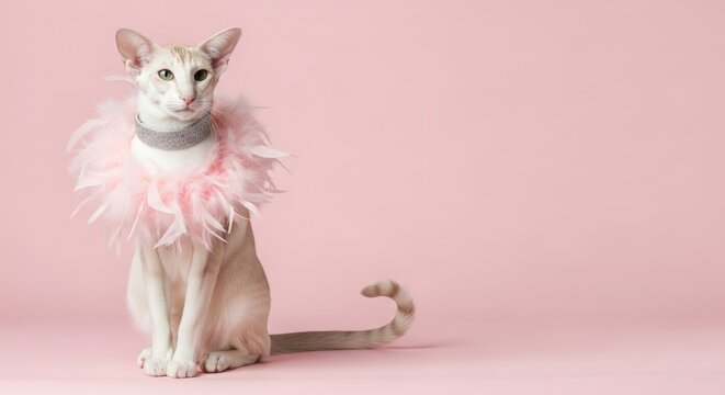 Elegant domestic cat with fluffy pink collar sitting on pastel pink background. Domestic cat features stylish adornments, highlighting unique personality and charm with fluffy feathers.