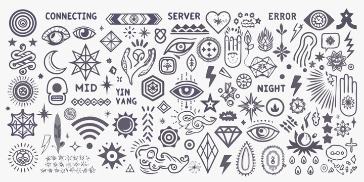 collection of hand drawn y2k style tribal sigil symbols and icons