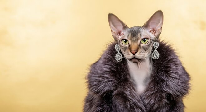 Stylish devon rex cat with glamorous earrings in fluffy purple collar against golden background. Devon rex cat showcases unique features and elegance,
