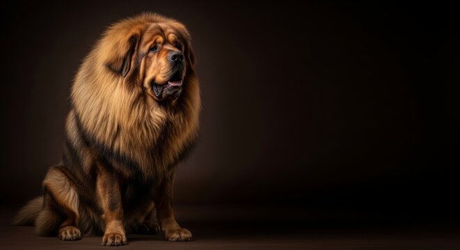 Majestic tibetan mastiff seated elegantly against dark backdrop, showcasing impressive mane and sturdy build. Tibetan mastiff exudes strength and loyalty, ideal companion for families.