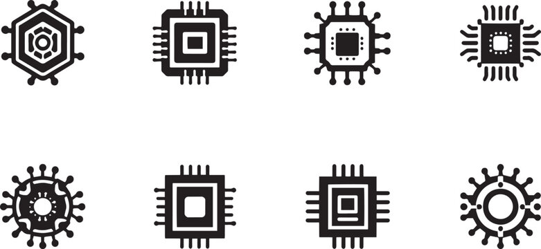 Microchip and cpu processor glyph icons set
