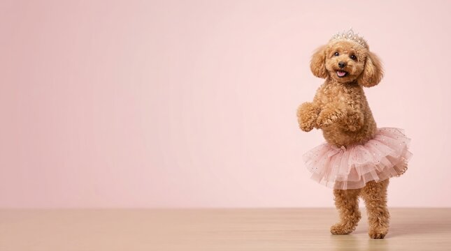 Playful poodle in pink tutu dancing on wooden floor. Adorable poodle showcases joyful dance moves while dressed in fluffy pink skirt. Perfect concept for pet photography and celebration themes.
