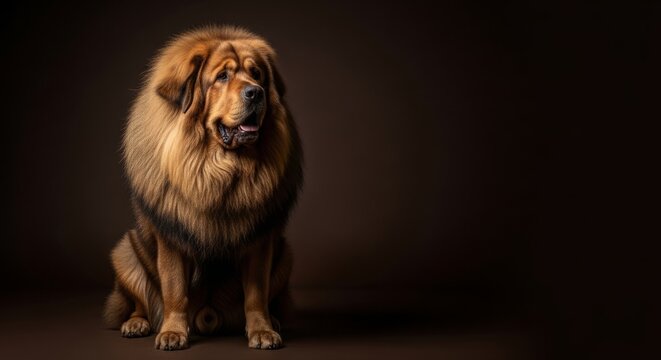 Tibetan mastiff sitting majestic against dark background showcasing its beautiful coat and strong physique. Tibetan mastiff is a loyal dog breed known for guarding and companionship.
