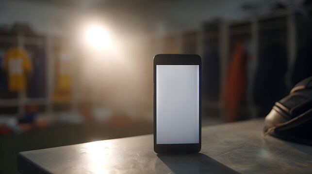 Smartphone with Blank White Screen on a Locker Room Bench, Ready for Customizable Content, Display Technology in a Sports Setting