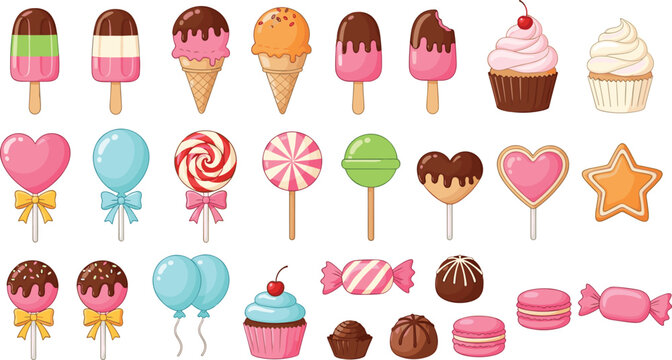 Colorful candy and dessert vector illustration set with ice cream, cupcakes, lollipops, cookies, and sweets isolated