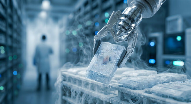 Automated robotic claw holding frozen microchip component inside cold storage facility with dry ice fog atmosphere.