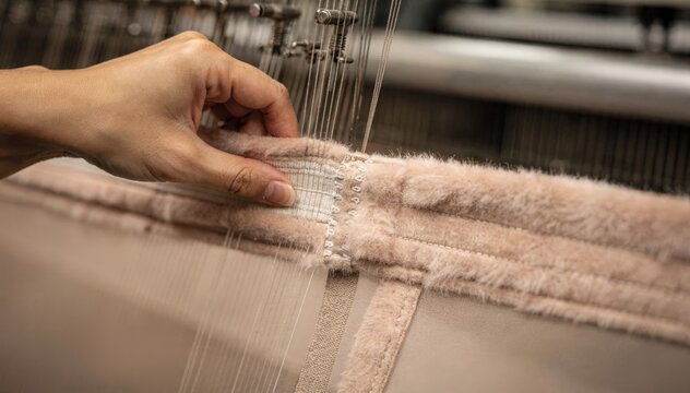 Closeup of hands skillfully weaving plush elastic waistbands creating soft stretchable foundations for sheer pantyhose with precision and care.