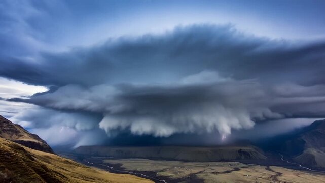 Time lapse pan of supercell thunderstorm forming and producing lightning over valley and mountain hillside plateau