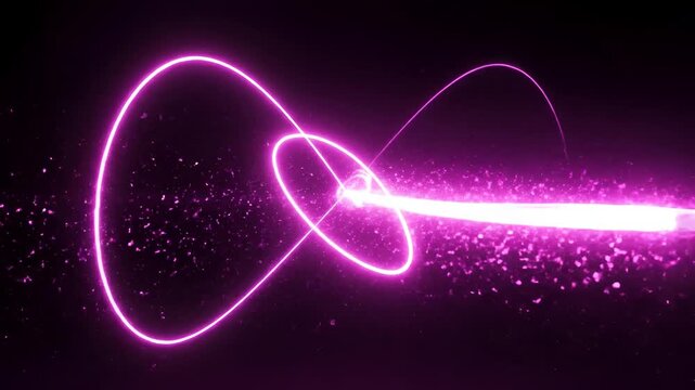 Abstract Pink Neon Light Trails Forming Dynamic Shapes on Black Background.