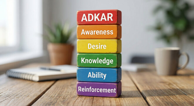 Adkar model for change management illustration with colorful wooden blocks stacked on top of each other on rustic wooden desk at workplace.