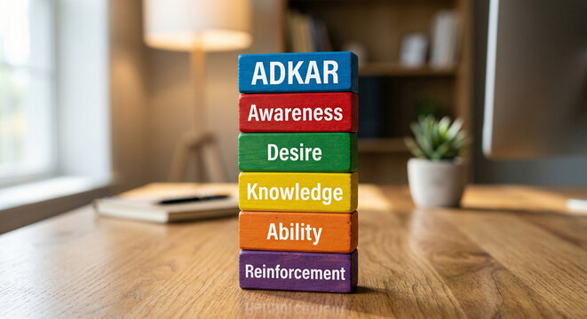 Wooden blocks stacked vertically with adkar change management model acronym awareness desire knowledge ability reinforcement written on colorful bricks in office workspace background.